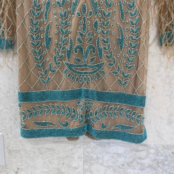 LARA {6} Dress Nude Teal Beaded Cocktail Dress Long-Sleeved - Picture 8 of 16